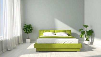 Minimal Modern Bedroom With Green Velvet Bed and Cozy Neutral Bedding in Natural Sunlight