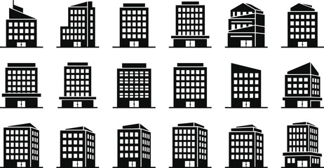 Black City Building Icon Set, Modern Urban Architecture Silhouette Collection for Real Estate, Construction Company Logo, Property Management and Business Design © MdGolam