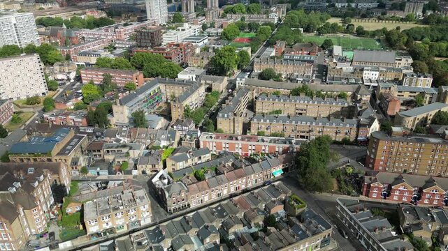 Aerial view of Hackney, London, featuring Haggerston Park and the former Haggerston School site, highlighting East Londons urban density.