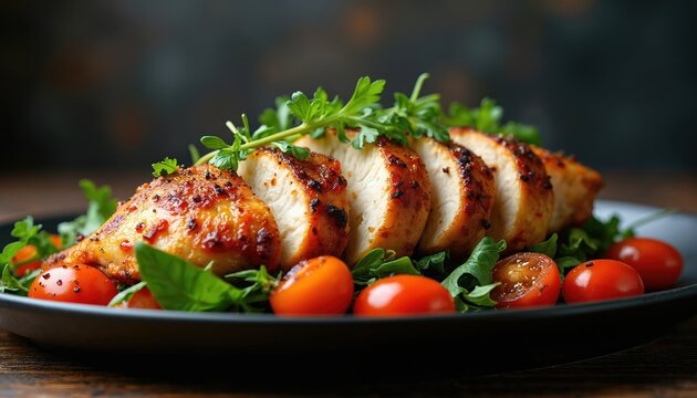 Cooked chicken breast slices served with fresh cherry tomatoes and green herbs on a dark plate. The juicy poultry meal offers a delicious and healthy dining experience.