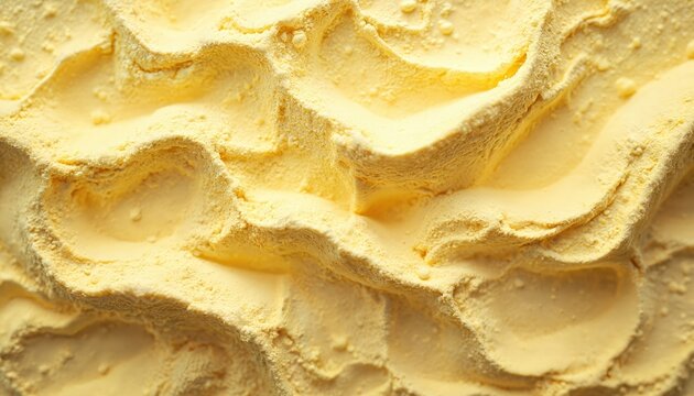 Close-up of yellow powder texture with wavy shapes and small bumps. Useful for healthy food and fitness marketing. This bright surface suggests energy and vitality.