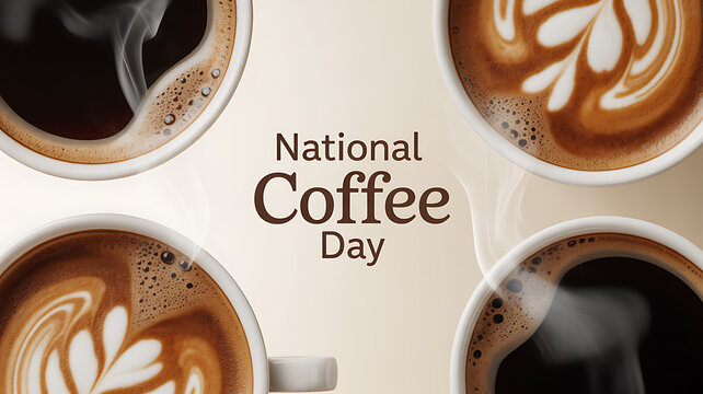 National Coffee Day celebration featuring four cups of coffee with latte art and steam