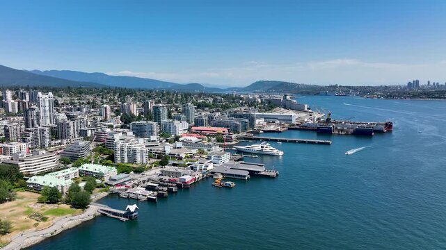 Aerial View of North Vancouver Waterfront and Burrard Inlet on Clear Day