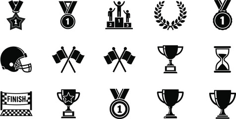 Sports competition icons, trophy cup, medal, podium, laurel wreath, finish line, football helmet, flags, achievement symbols, vector illustration, black and white © Rekha