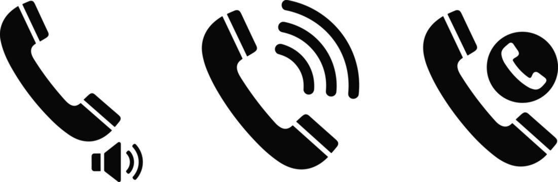 Telephone handset icon set, black and white communication symbol, call log vector illustration, ringing phone design, mobile interface graphic element