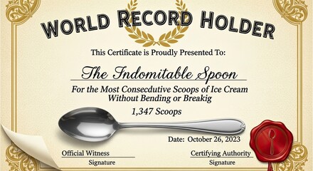 World record holder certificate for most consecutive scoops of ice cream with a spoon