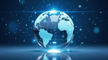 Digital globe with illuminated continents and connecting lines in a futuristic setting.