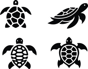 Obraz premium turtle silhouette icon set featuring four minimalist turtle designs in flat vector style, isolated on transparent background.