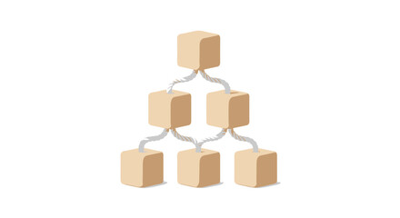 Obraz premium A minimalist hierarchical structure displays a single top-level light brown cube connected by braided ropes to two second-level and three third-level cubes on a white background.