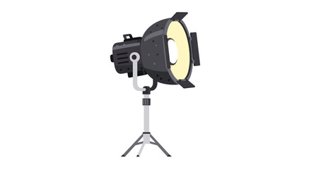 Naklejka premium A single large dark grey studio spotlight with a yellow reflector dish is securely mounted on a silver tripod stand against a pristine white background.