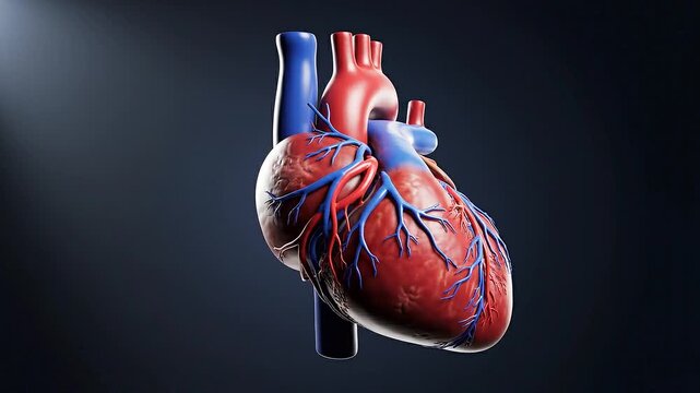 Rotating human heart anatomy model with detailed vessels and chambers.