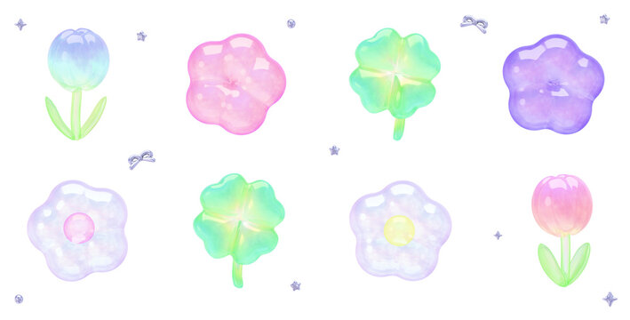 Yume Kawaii Transparent Jelly Shape Collection - Cute Flower Garden Set - Transparent 3D PNG Elements