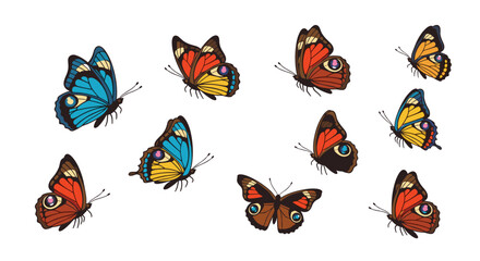 Ten individual, highly detailed butterflies with distinct colorful wing patterns are depicted in various flight and resting poses.