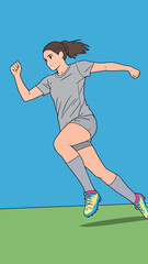 Fototapeta premium A girl runs swiftly across a green field wearing a gray shirt and colorful soccer shoes during a game.