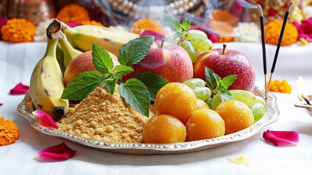 Vibrant Offering Of Assorted Fresh Fruits And Sweet Laddu Prepared In A Silver Plate With Marigold Flowers Incense Sticks And Soft Lighting