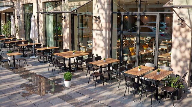 still life modern cafe patio with wooden tables and black chairs | relaxation, ambience, hospitality, design, stillness theme
