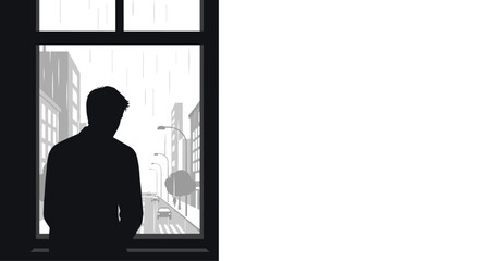 A silhouetted man stands inside a dark room, looking out a window at a rainy monochromatic city street with distant buildings and streetlights.