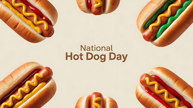 National Hot Dog Day celebration featuring illustrated hot dogs with mustard and ketchup on a neutral background