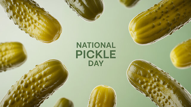 National Pickle Day celebration with pickles floating against a green background