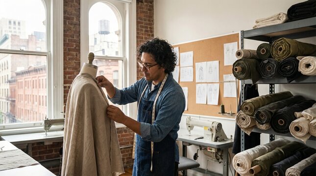A focused tailor meticulously adjusts the lapel of a garment draped over a dress form in a sunlit studio.