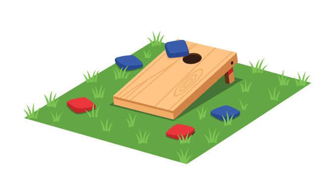 A single light brown wooden cornhole board with red and blue beanbags is positioned on a patch of green grass.