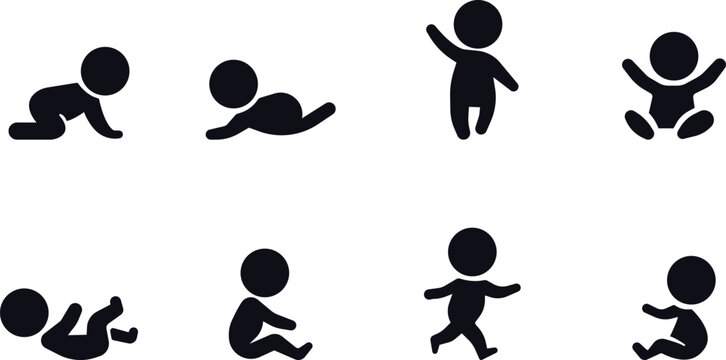 Baby activity stages set, Infant movement milestones silhouettes pack, Child development crawling sitting walking collection