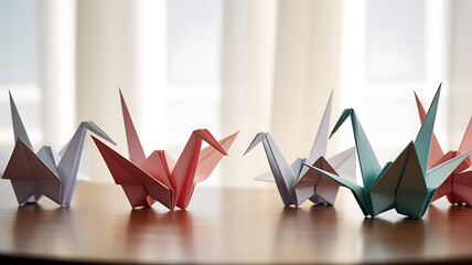 Colorful origami cranes arranged in a row on a wooden surface near a window