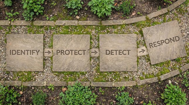 Stone Path With Protect and Detect Signs in Garden