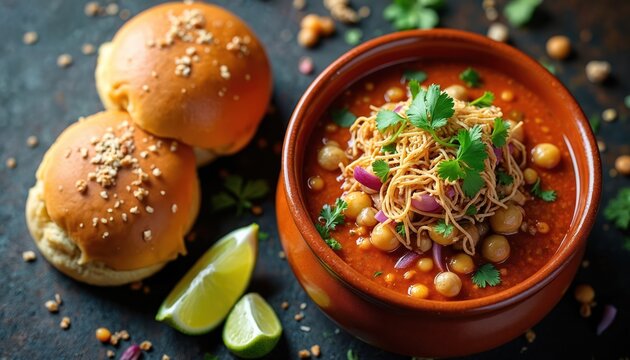 Savory misal pav dish with chickpeas curry and crunchy sev topping. Served with lime wedges and soft bread rolls. A popular Indian street food.