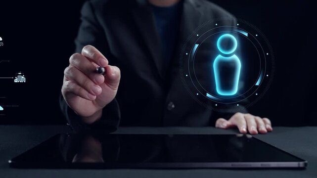 This image showcases a digital transformation concept featuring a virtual interface with user data representation, emphasizing innovation and technology in business environments. Qubit