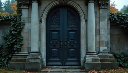 Naklejka premium Ornate dark double doors set in a stone wall with ivy. Classical columns frame the entrance leading to a cemetery. Autumn leaves trash the ground.