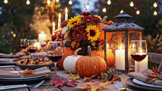 A beautifully decorated outdoor table setting with pumpkins, flowers, candles, and wine for a feast