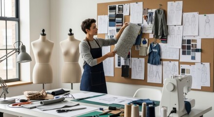 Fototapeta premium Circular Fashion Design Planning with Fabric Swatches and Sketches