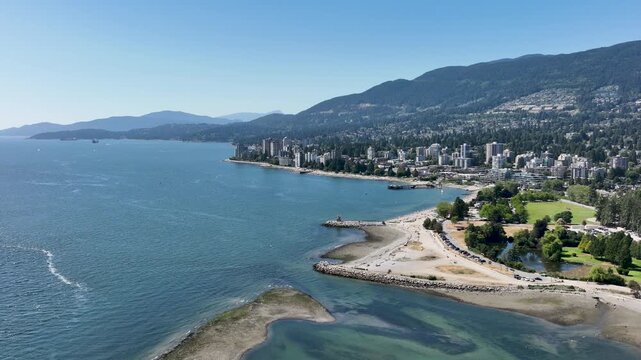 Aerial View of West Vancouver Coastline and Beach with Mountains, British Columbia Canada