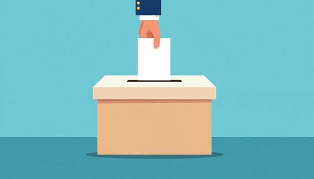 Hand in suit places white paper ballot into cardboard box slot. Voting process in election campaign, making choice, casting vote for president or parliament.