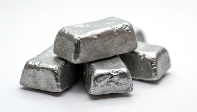 Pile of coarse metal ingots. Precious metal bars with rough texture sit stacked on white background. Shiny platinum palladium or silver blocks form treasure for investment.