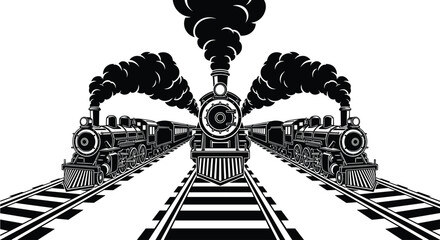 Vintage steam locomotives on railway tracks with dramatic smoke clouds, symmetrical train composition in black and white retro transportation vector illustration © Krisna