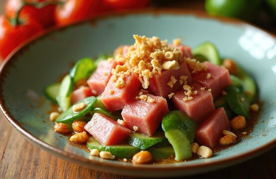 Raw tuna salad with cucumber slices and chopped nuts in turquoise plate. Fresh seafood dish served with lime dressing. Asian appetizer with nutty crunch and citrus zest.