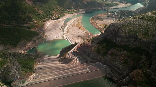 Aerial view of Koman lake reservoir dam, Albania