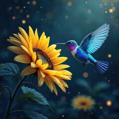 Obraz premium Tiny blue hummingbird drinks nectar from bright yellow sunflower. Bird hovers in dark garden with bokeh lights. Nature scene shows pollination and wildlife in flight.
