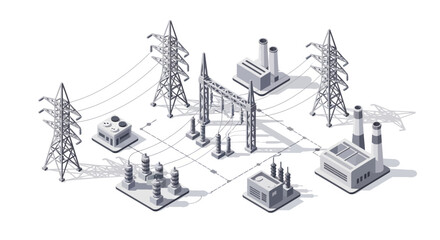 Obraz premium Isometric illustration of an industrial complex with power plants and transmission towers.