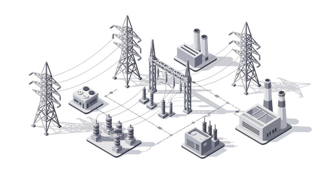 Isometric illustration of an industrial complex with power plants and transmission towers.