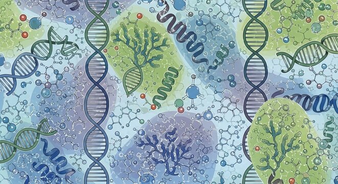 Genetic blueprint illustration with dna double helices and molecular structures on a blue green background