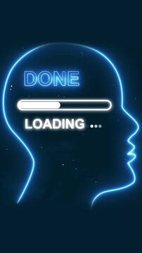 Neon outline of a human head profile with done loading bar and text Keywords: done, loading, loading bar, head silhouette, human head, profile, neon, glowing, technology, concept, digital,... animated