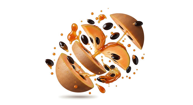 Fresh Sliced Sapodilla Fruit Exploding with Juice Splashes and Seeds on White Background