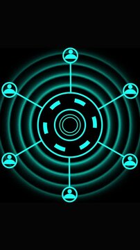 Teal Network Icon with Six Connected Human Figures and Glowing Rings connection people animated