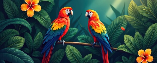 Fototapeta premium Two colorful parrots perch on a branch in lush green foliage and vibrant orange hibiscus flowers. The scene evokes a feeling of tropical rainforest. These birds are beautiful.