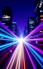 Fototapeta premium Neon lights blaze through a futuristic cityscape at night, illuminating towering skyscrapers.