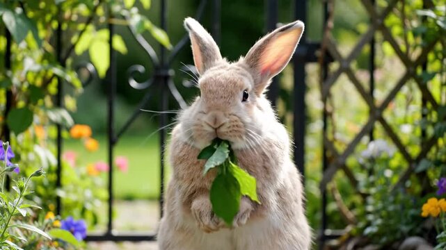 Rabbit Eating Leaf in Garden Setting.