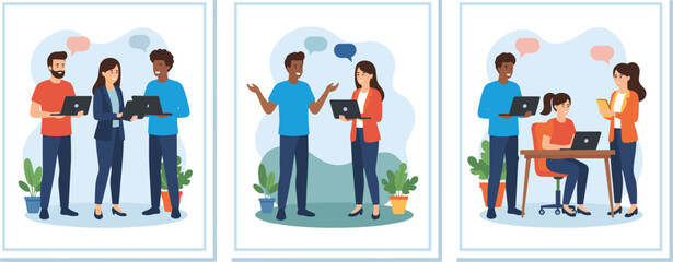 Fototapeta premium Flat vector illustration set of diverse professionals collaborating on laptops in modern office and coworking space environments